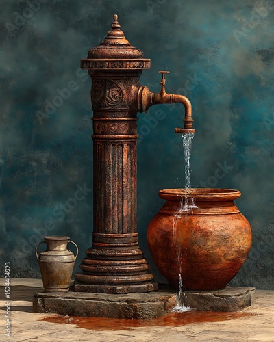 Rustic bronze tap dripping clear water high resolution picture