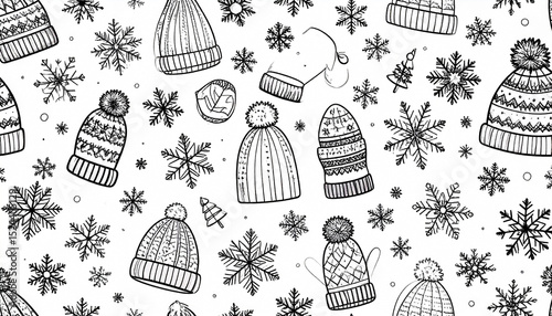 A whimsical winter pattern featuring hand-drawn knit hats, mittens, snowflakes, and tiny trees, all in black ink on a white background.  The design is charming and repetitive