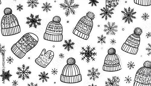 A whimsical winter pattern featuring hand-drawn winter hats, mittens, and snowflakes on a white background.  The style is simple line art with textured details