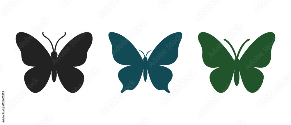 Obraz premium Butterfly silhouettes in black blue and green colors row on white background
