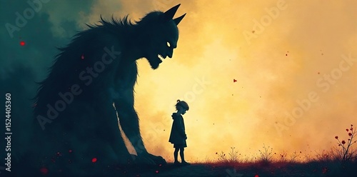 A menacing shadow looms over a smaller, distressed figure, representing the overwhelming power of bullying , cruelty, threat, light