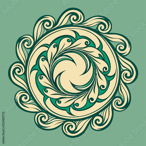 Circular Green and Beige Floral Mandala Design