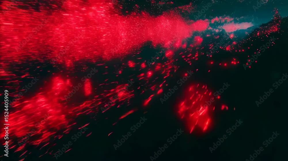 Dynamic red particle burst against dark background in high resolution