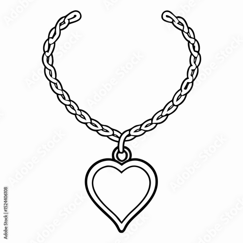 Heart Pendant Necklace, Chain, Jewelry Design, Outline Illustration
