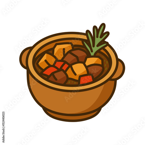 Minimalist Detailed Stew Bowl with Vegetables and Rosemary Icon Illustration