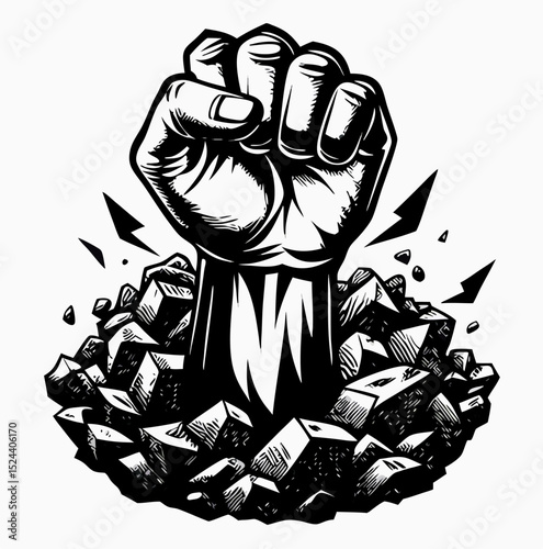 Black and White Fist Breaking Through Rocks Graphic