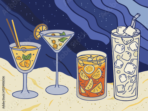 An illustration of a cold cocktail drink with ice and a lemon, perfect for a fun party celebration