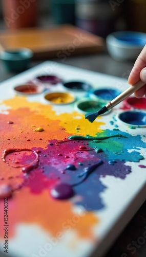 Close-up of vibrant acrylic paints on a palette, brushes, and a canvas in progress Art supplies, creative process, painting workshop, studio setup , modern art, art materials