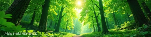 Lush green forest canopy, dappled sunlight filtering through leaves, vibrant foliage, tranquil nature scene , foliage, serene, green