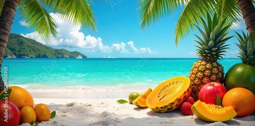 Vibrant tropical beach scene overflowing with fresh, ripe fruit; mangoes, pineapples, papayas, and more scattered on the sand near turquoise water , beach, paradise