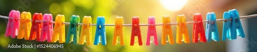 A colorful array of plastic clothes pegs, various sizes and bright hues, drying laundry on a line outdoors, sun shining on the washing , spring, backyard, household