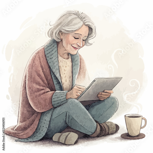 A kind elderly woman relaxing on the floor with a tablet and coffee in a cozy setting.