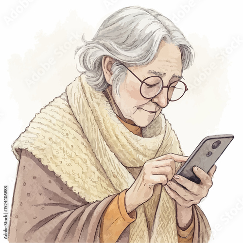 A concentrated elderly woman with round glasses carefully learning to use a smartphone.
