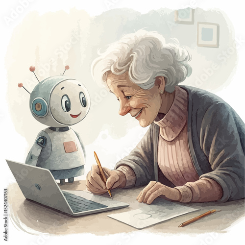 A smiling elderly woman writing beside a friendly AI robot assistant and a laptop in a whimsical style.
