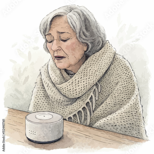 A contemplative elderly woman sitting quietly with a smart device on a muted background.