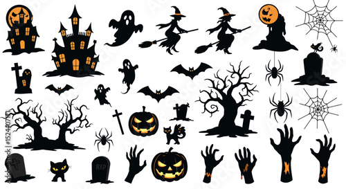A Collection of Halloween Elements Silhouettes Featuring Witches Ghosts Bats Pumpkins Haunted Houses and Scary Trees Decorations