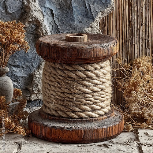 Rustic jute cord on wooden reel high resolution picture