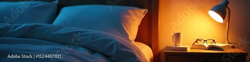 A serene bedroom scene featuring a bedside lamp softly illuminating a nightstand with a book and eyeglasses Perfect for relaxation, sleep, and tranquility themes , eyeglasses, evening, home