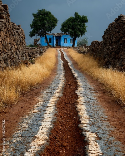 Rustic path and traditional village house high resolution picture