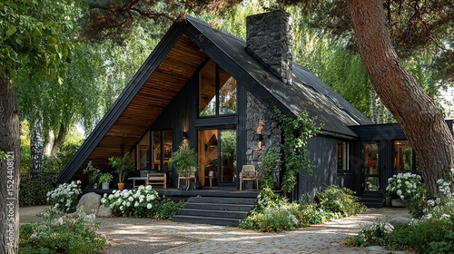 Charming A-frame house exterior with a stone chimney, dark facade, and lush landscaping surrounded by green trees and shrubs.