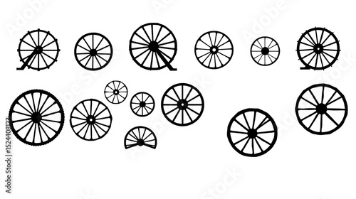 Set of Various Types of old wheels vector illustration silhouette icon, ancient wheel isolated on transparent background