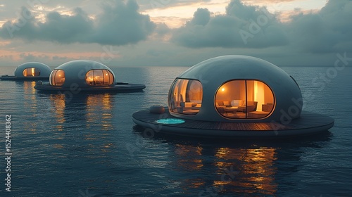 Floating dome hotels on tranquil ocean at sunset