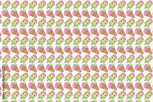 Seamless Kawaii Summer Pattern with Smiling Ice Cream Cones and Strawberries, Cute Pastel Style Design for Kids, Fabric, Wrapping Paper, Stickers, Scrapbook, and Digital Background