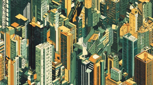 Cityscape isometric buildings geometric urban scene