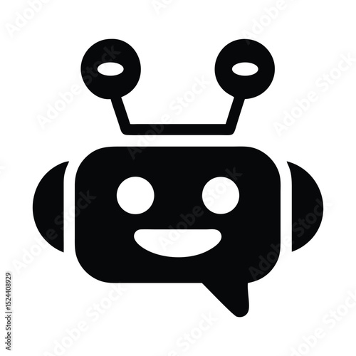 Cute smiling robot head with antennae icon in black and white vector