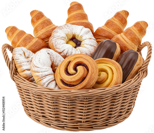 Basket with fresh croissants and bakery on transparent background, sweet breakfast