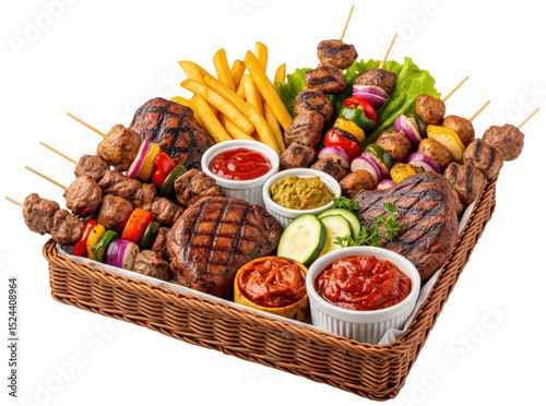 Basket with mixed meat for bbq, food on transparent background