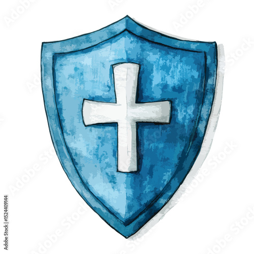 Watercolor Shield with White Cross Symbolizing Protection and Faith