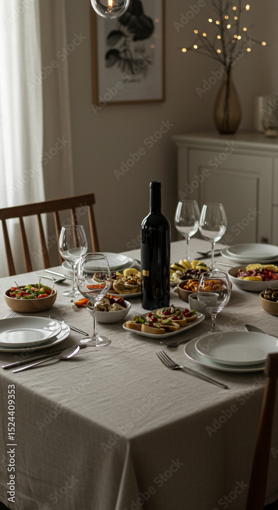 Fototapeta premium Dining table with food and wine