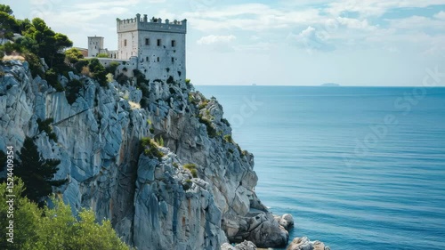 Coastal view of an ancient castle perched on cliffs overlooking calm blue waters with contrasting clouds in the background during a serene day