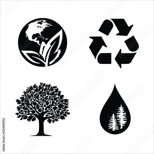 Eco friendly environment and nature conservation icons for sustainable living and recycling effort