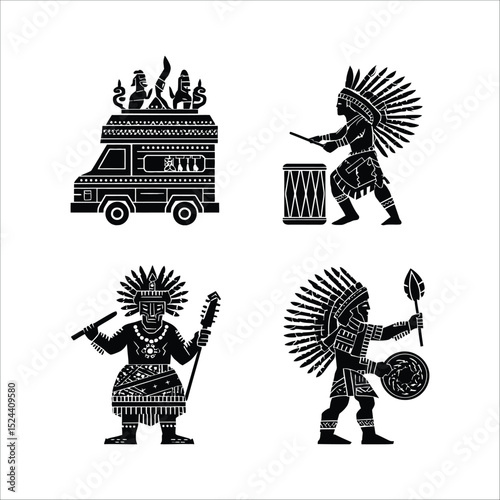 Native american indians silhouettes vector art tribal headdress drum spear shield van culture illustration