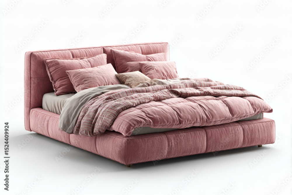 Fototapeta premium Pink tufted bed with bedroom interior.