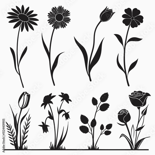 Black silhouettes of various flowers and plants