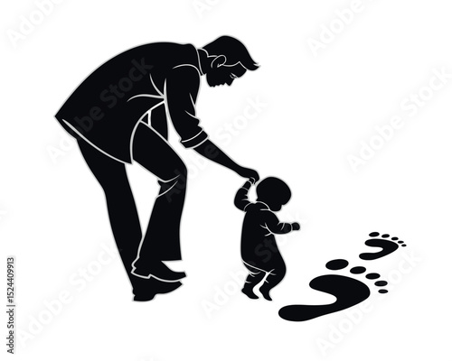 Father Helping Baby Take First Steps Footprint Illustration