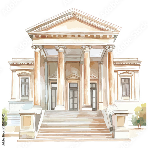 Watercolor Sketch of Neoclassical Building with Ionic Columns and Wide Staircase
