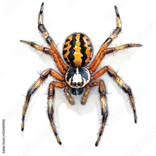 Watercolor Spider Illustration Striking Orange and Black Striped Abdomen