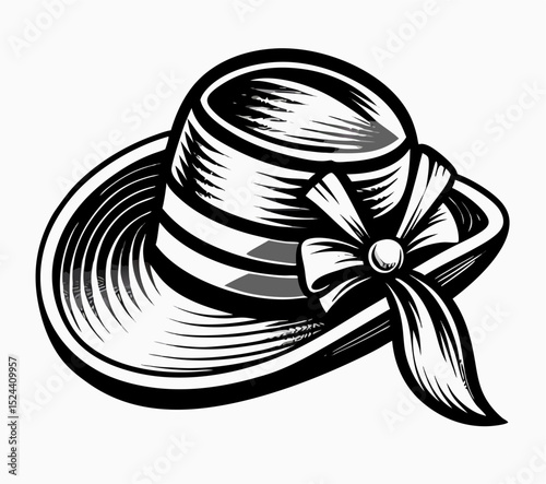 Elegant Black and White Sun Hat with Bow Illustration