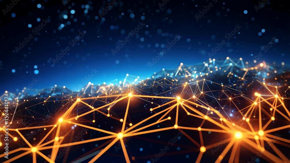 Connected network animation displaying a vibrant glowing triangular mesh with dot nodes against a deep blue abstract background.