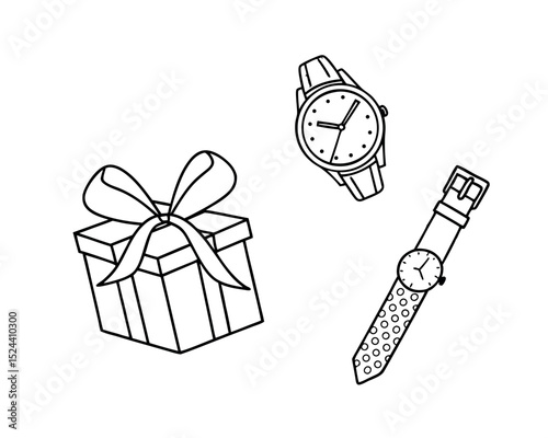 Gift Box with Two Wristwatches Line Art Illustration