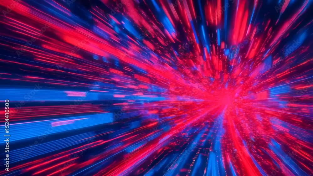 Dynamic neon light burst with vibrant red and blue streaks creating an energetic scifi tunnel effect