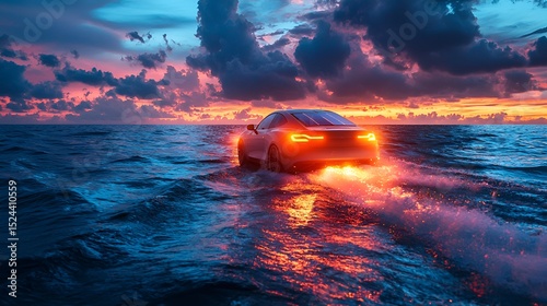 Futuristic car floats on ocean sunset