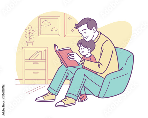 Happy Father and Son Reading Book Together at Home
