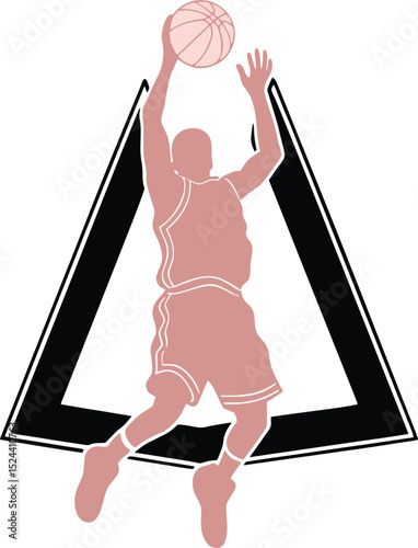 Silhouette of a basketball player performing a dunk with a triangle backdrop and pink color accent. Ideal for sports logos, t-shirt prints, and dynamic basketball artwork.