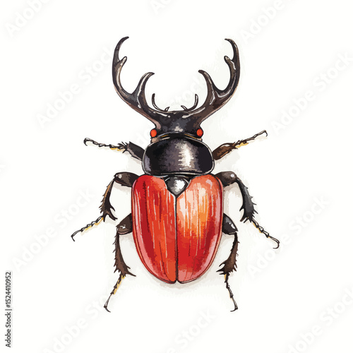 Watercolor Stag Beetle with Prominent Antlers and Red Elytra