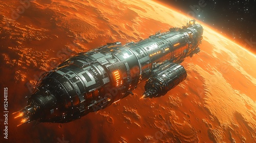 Futuristic spacecraft above fiery Martian landscape